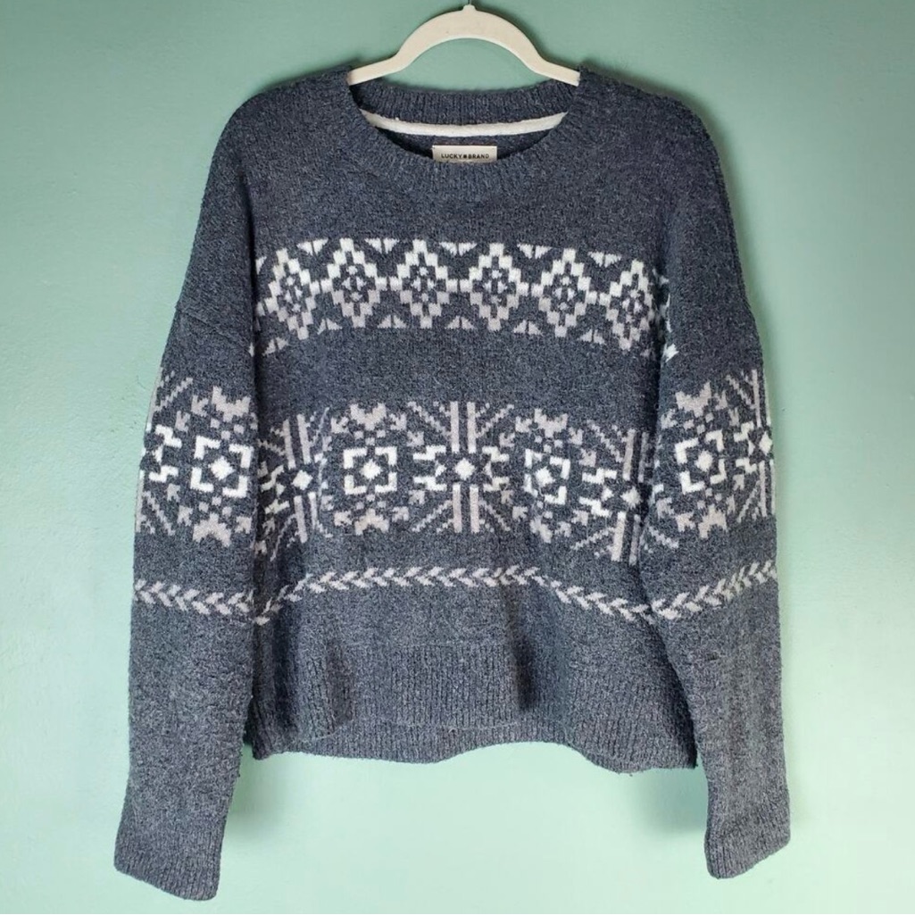 Lucky Brand Charcoal Gray Fair Isle Crewneck Sweater L